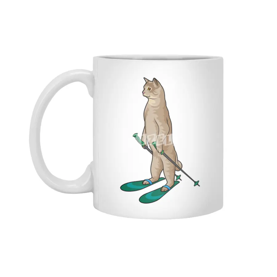 Cat as Skier with Ski and Ski poles Beyaz Kupa