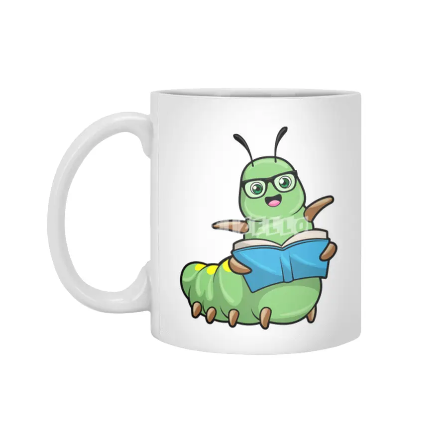 Caterpillar as Nerd with Book & Glasses Beyaz Kupa