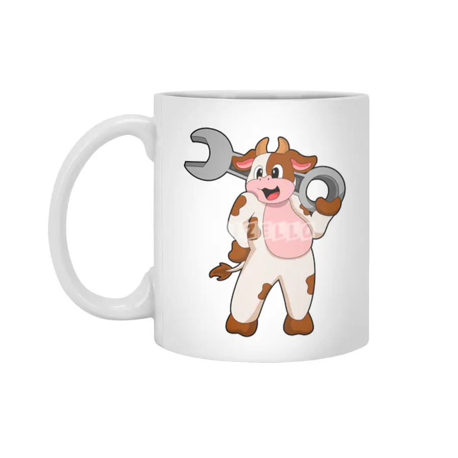Cow as Mechanic with Wrench Beyaz Kupa