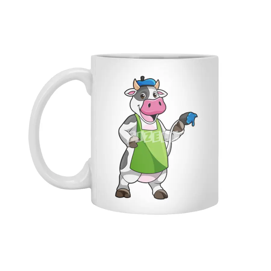 Cow as Painter with Paint & Apron Beyaz Kupa