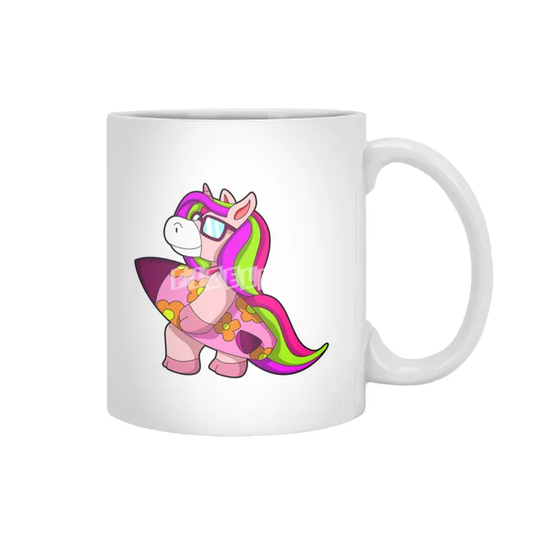 Unicorn as Surfer with Surfboard & Sunglasses Beyaz Kupa