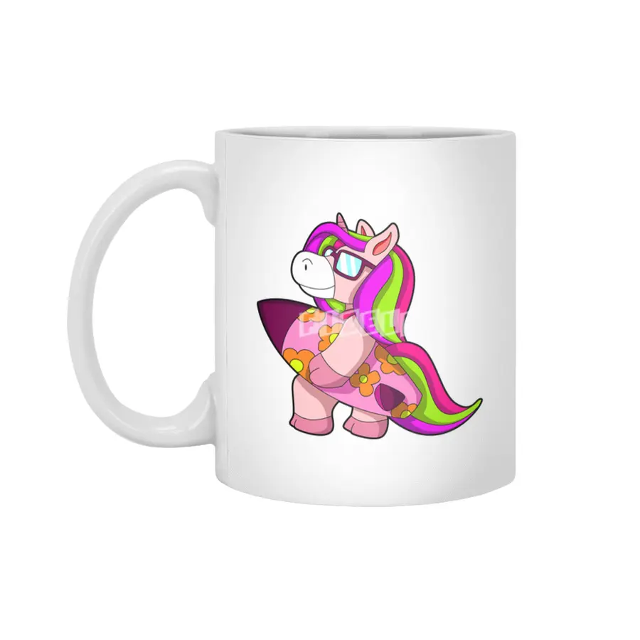 Unicorn as Surfer with Surfboard & Sunglasses Beyaz Kupa