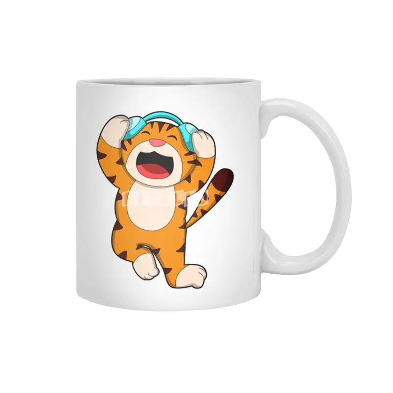 Tiger at Music with Headphone Beyaz Kupa