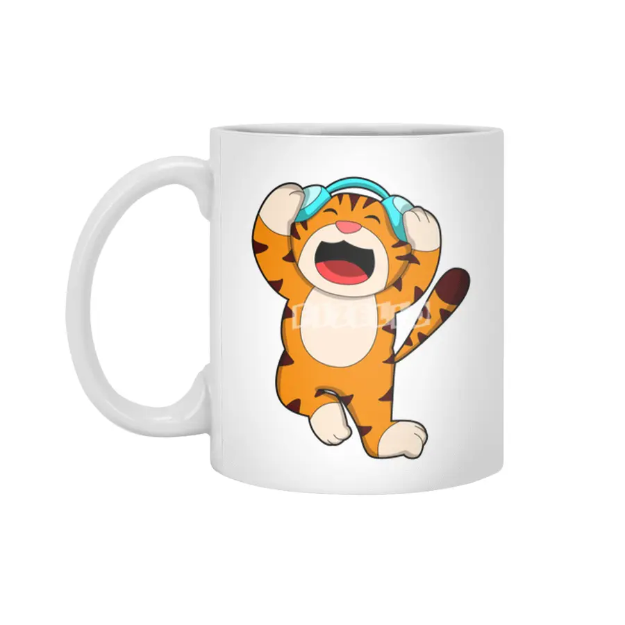 Tiger at Music with Headphone Beyaz Kupa