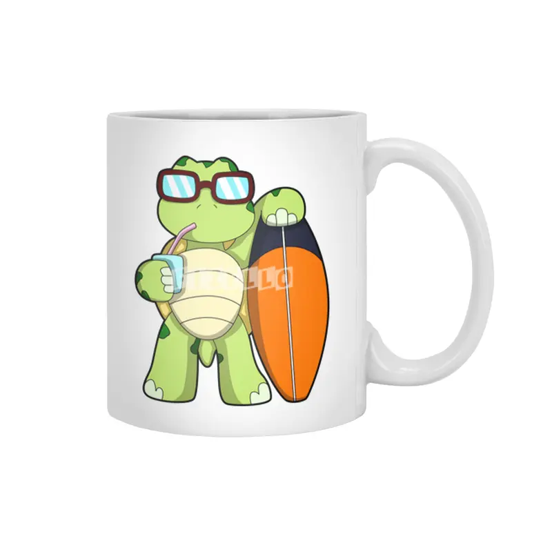 Turtle as Surfer with Surfboard & Drink Beyaz Kupa