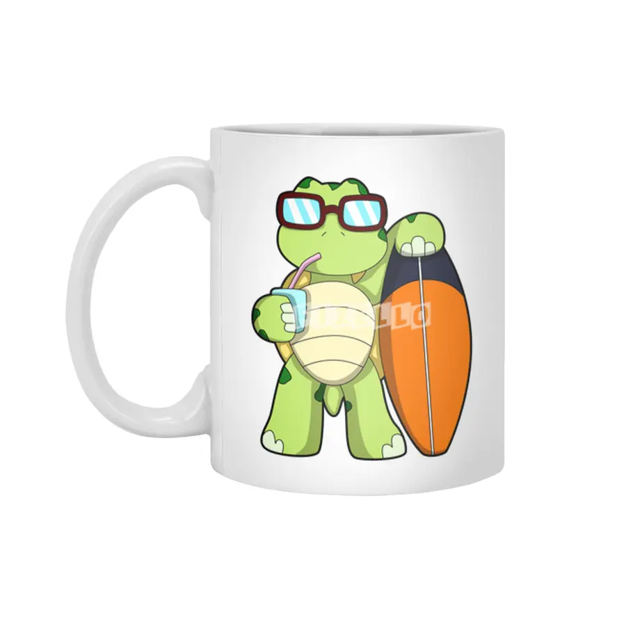 Turtle as Surfer with Surfboard & Drink Beyaz Kupa