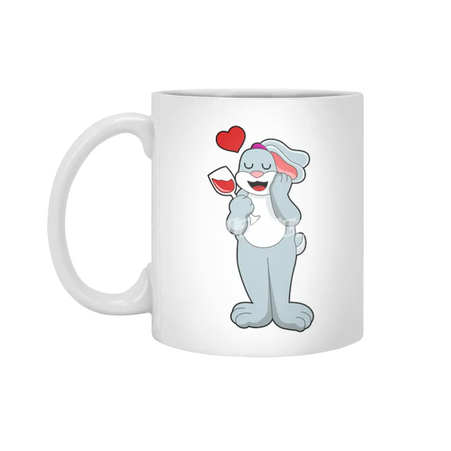 Rabbit with Glass of Wine & Heart Beyaz Kupa