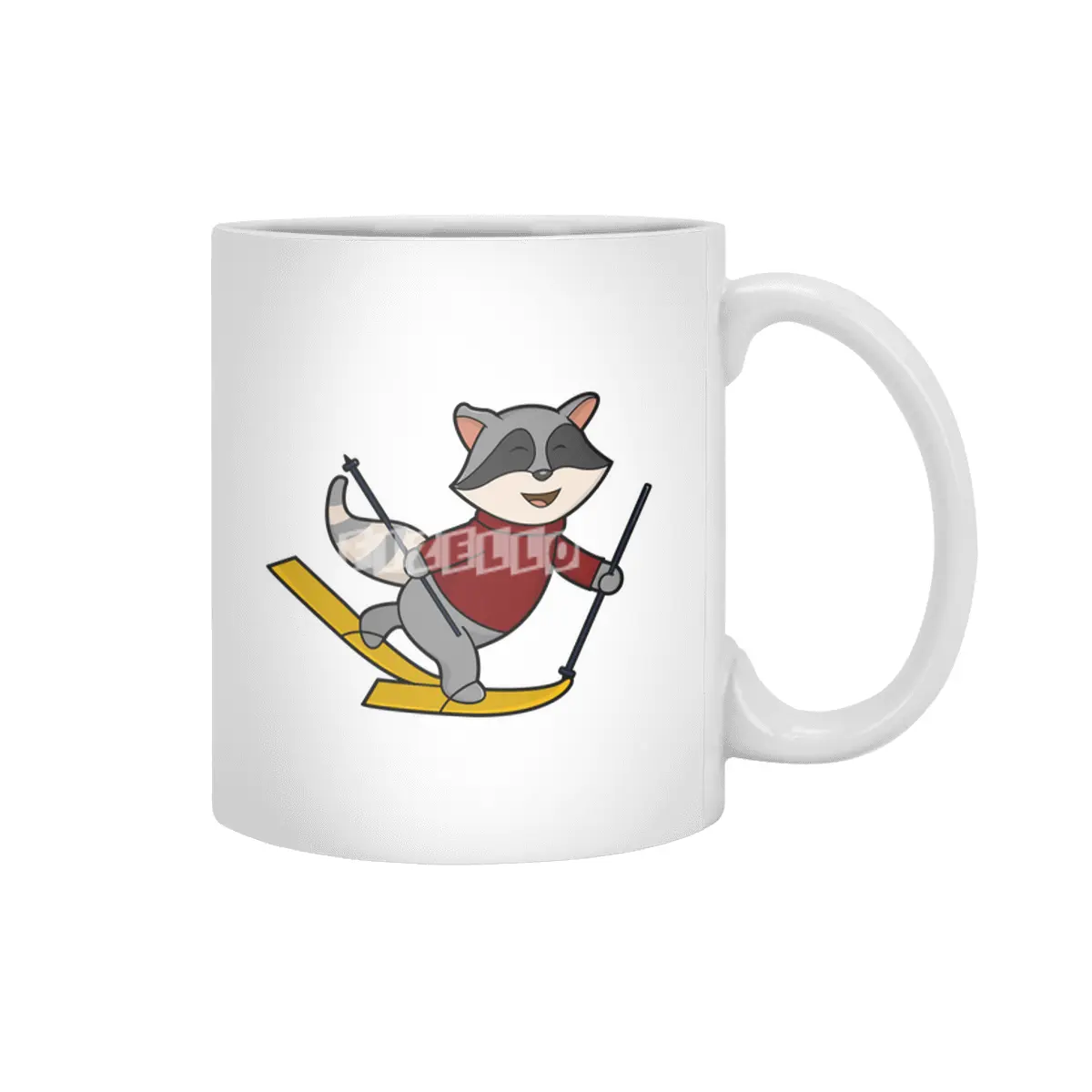 Raccoon as Skier with Skis and Ski poles Beyaz Kupa