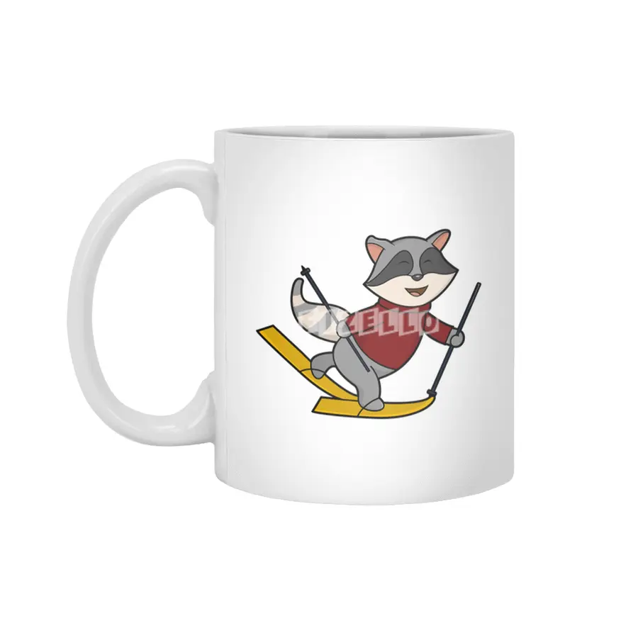 Raccoon as Skier with Skis and Ski poles Beyaz Kupa