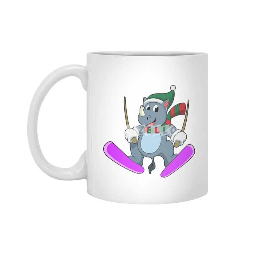 Rhino as Ski jumper with Skis & Scarf Beyaz Kupa