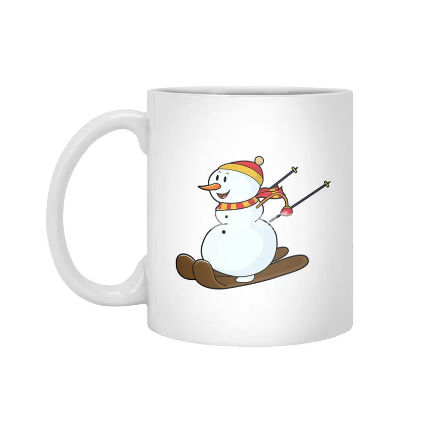 Snowman as Skier with Skis & Cap Beyaz Kupa