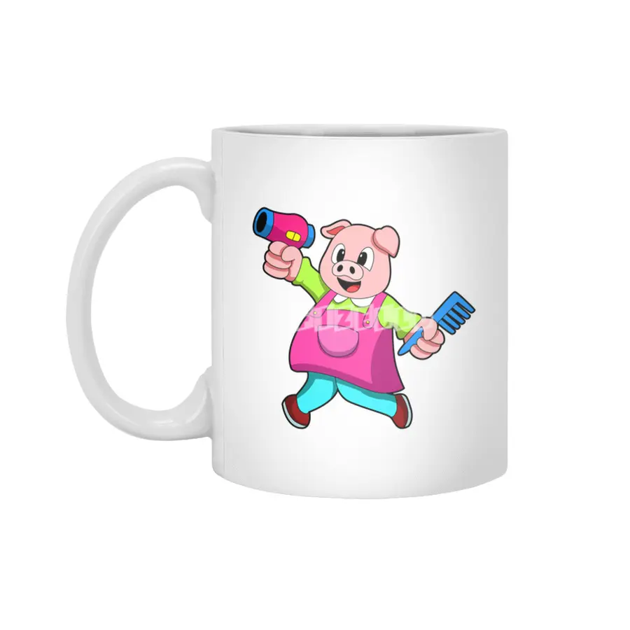 Pig as Hairdresser with Hair dryer & Comb Beyaz Kupa
