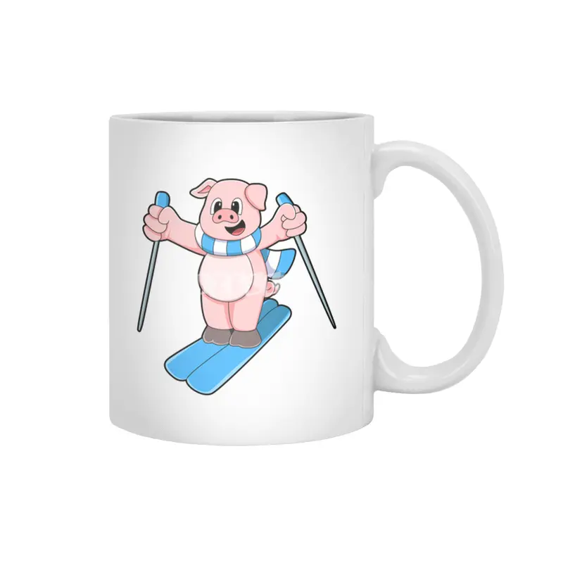 Pig as Skier with Ski Scarf & Ski poles Beyaz Kupa
