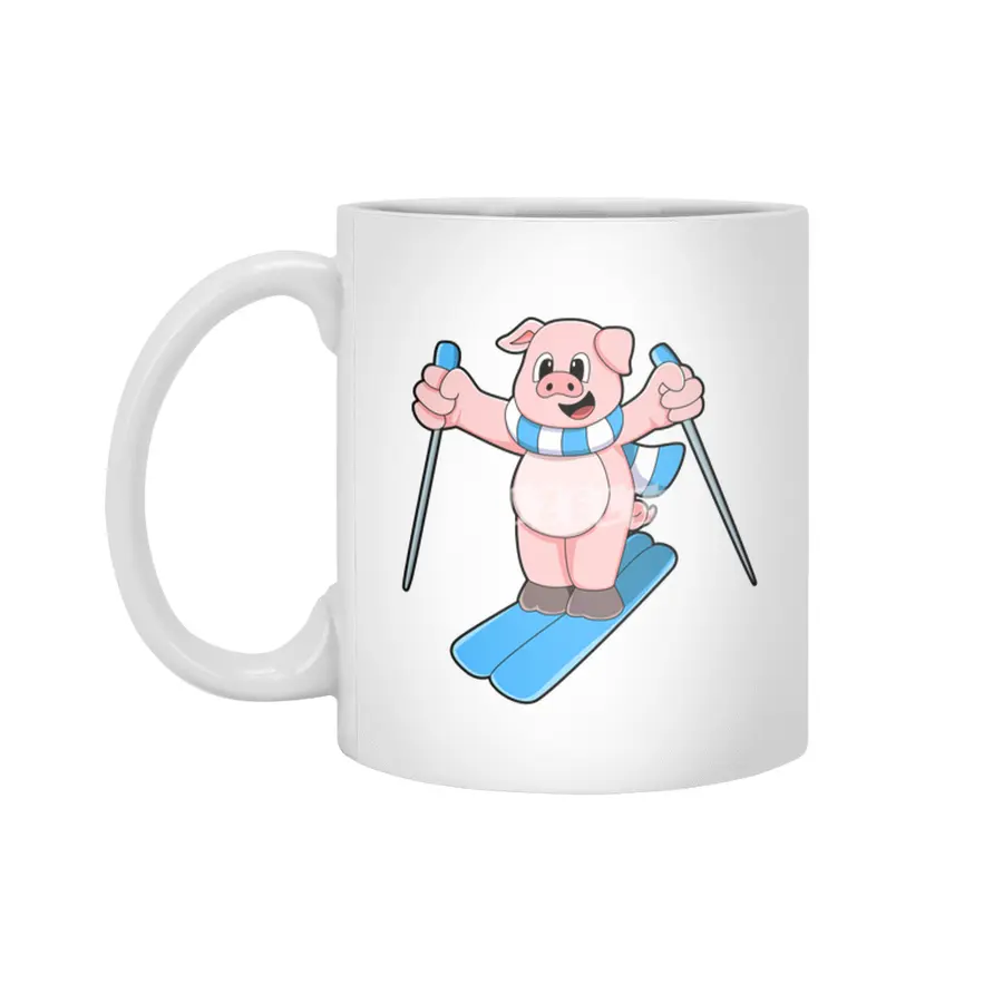 Pig as Skier with Ski Scarf & Ski poles Beyaz Kupa