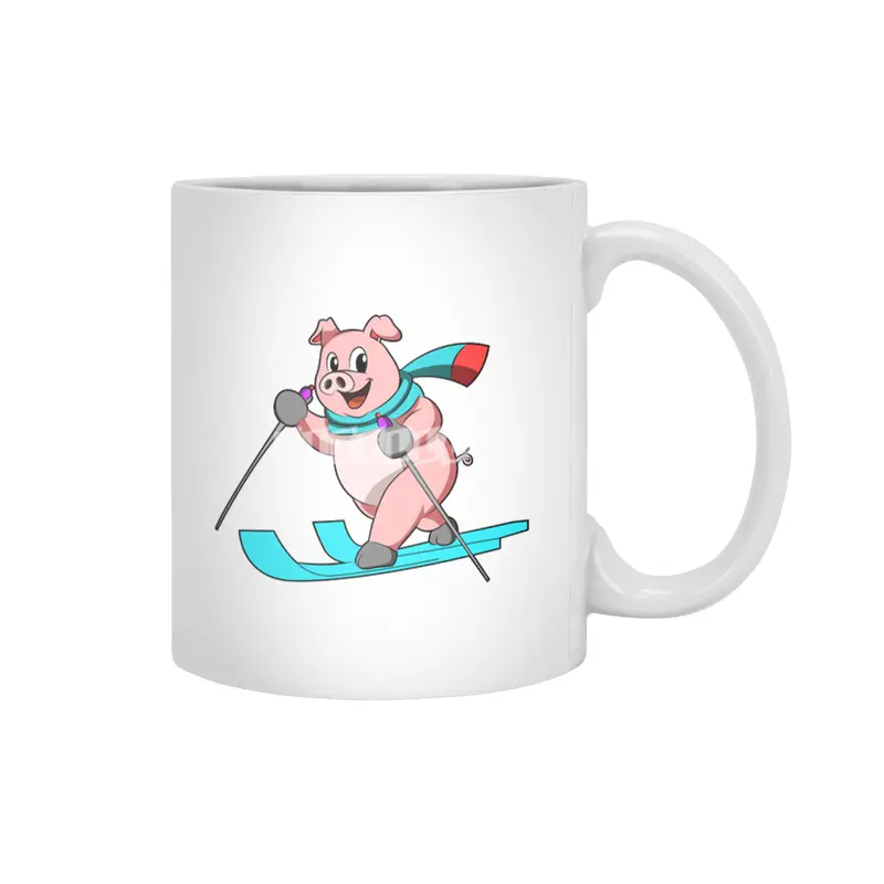 Pig as Skier with Skis Beyaz Kupa