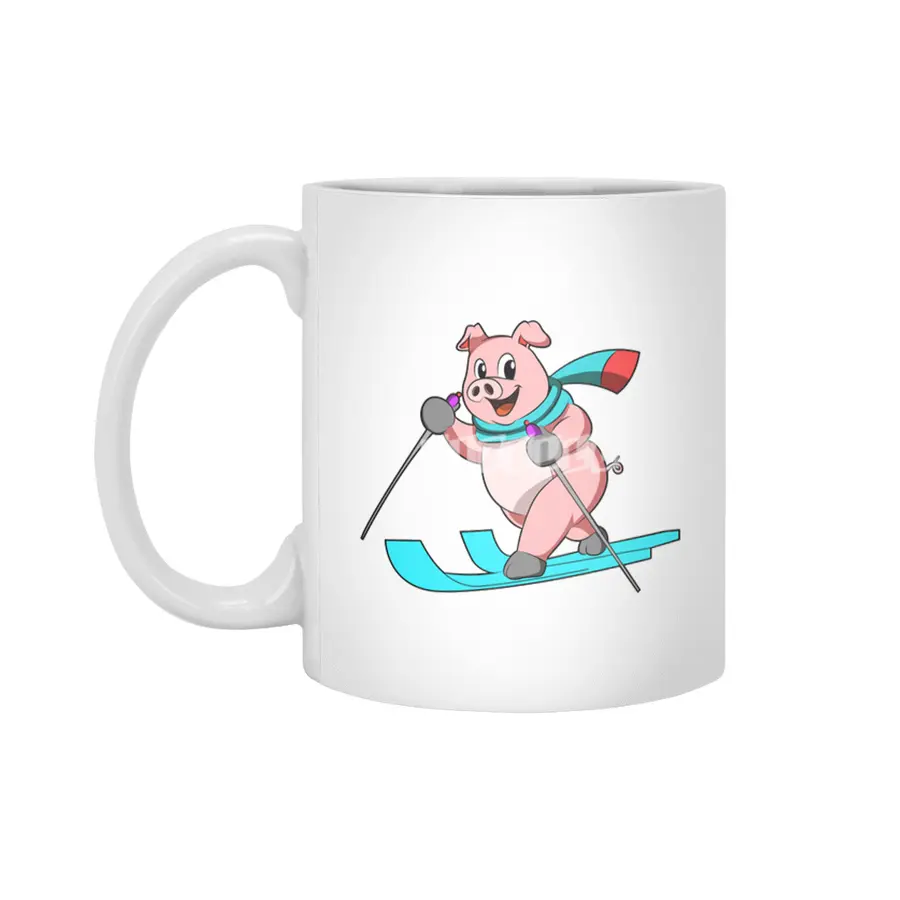 Pig as Skier with Skis Beyaz Kupa