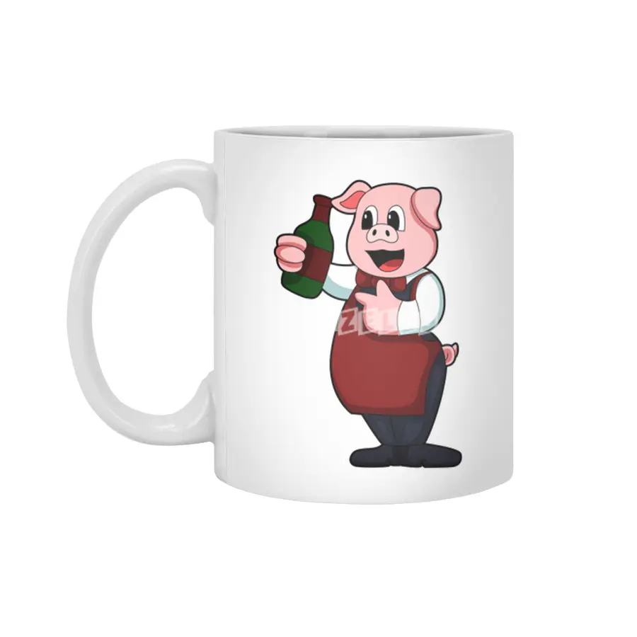 Pig as Waiter with Bottle of Red wine Beyaz Kupa