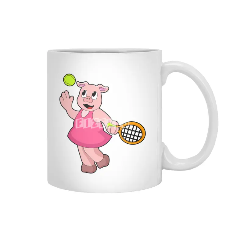 Pig at Tennis with Tennis racket Beyaz Kupa