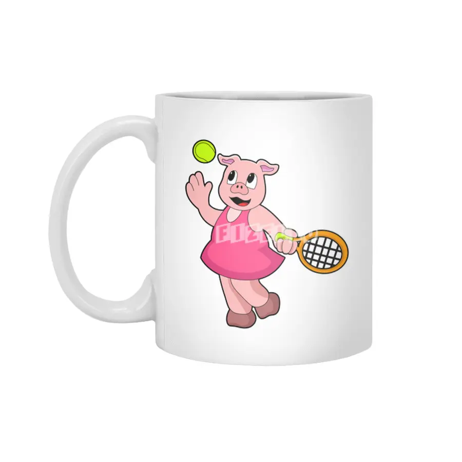 Pig at Tennis with Tennis racket Beyaz Kupa