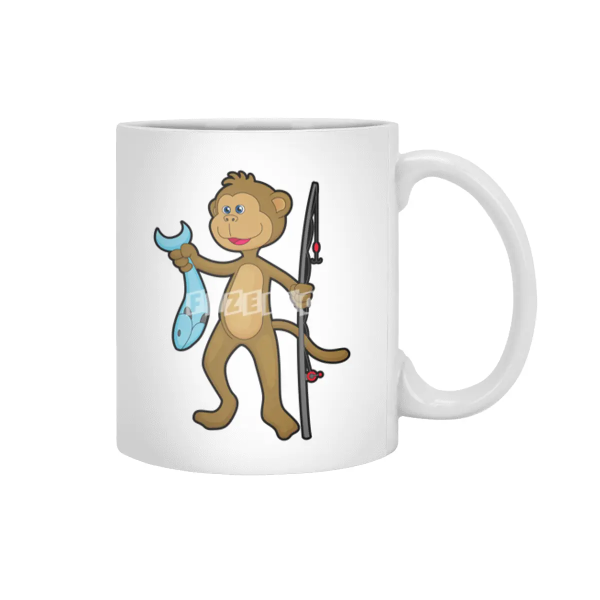 Monkey at Fishing with Fishing rod & Fish Beyaz Kupa