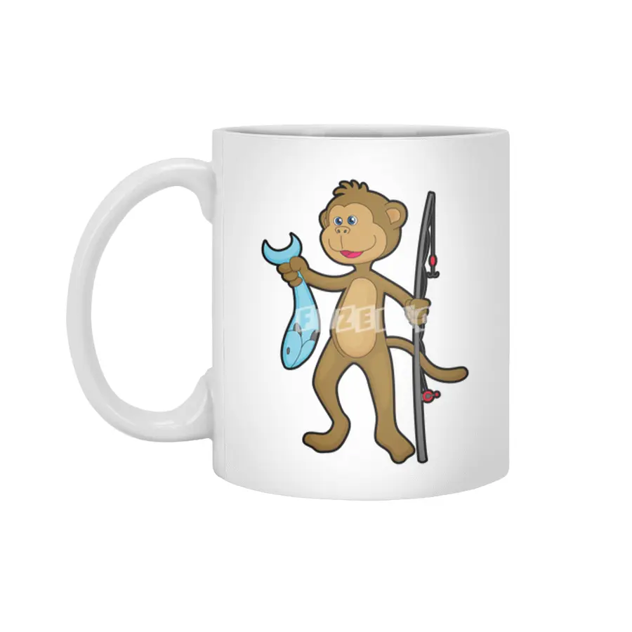 Monkey at Fishing with Fishing rod & Fish Beyaz Kupa