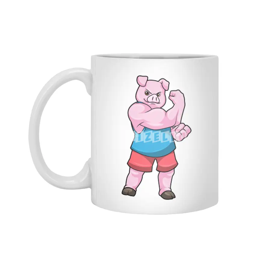 Pig as Bodybuilder with big Upper arm Beyaz Kupa