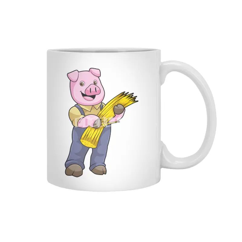 Pig as Farmer with Straw Beyaz Kupa
