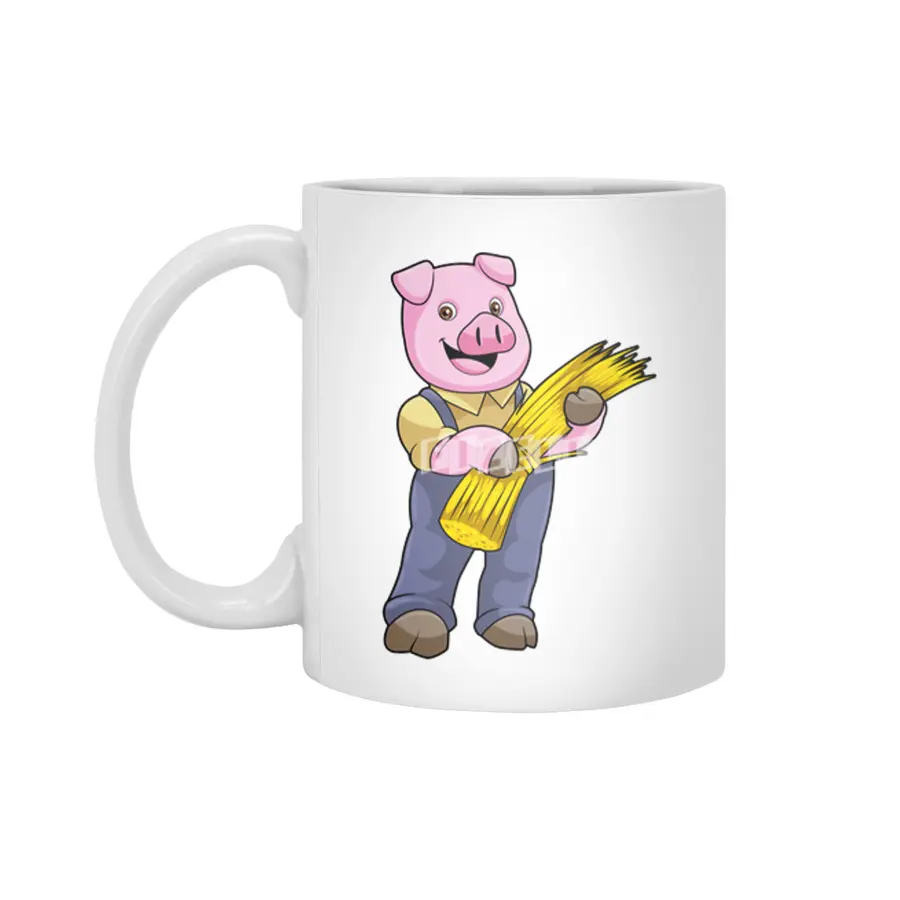 Pig as Farmer with Straw Beyaz Kupa