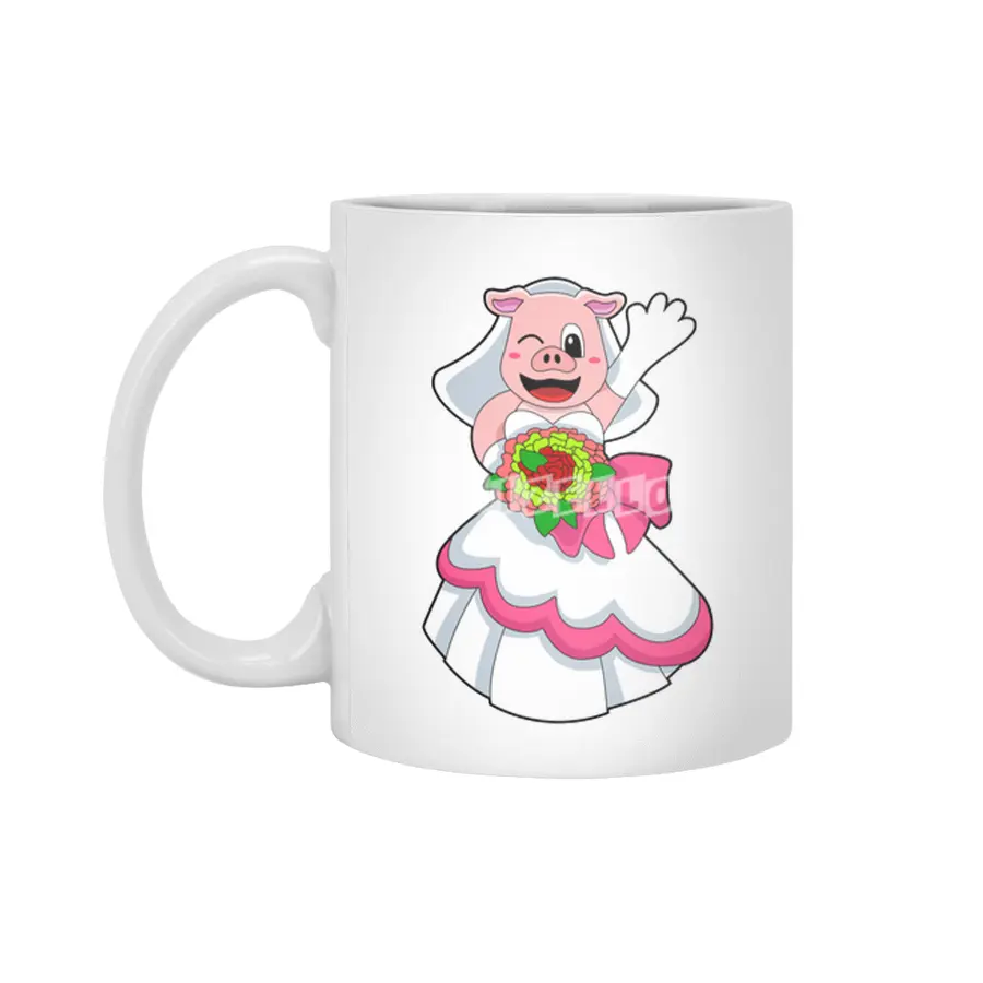 Pig with Wedding dress & Bunch of Flowers Beyaz Kupa