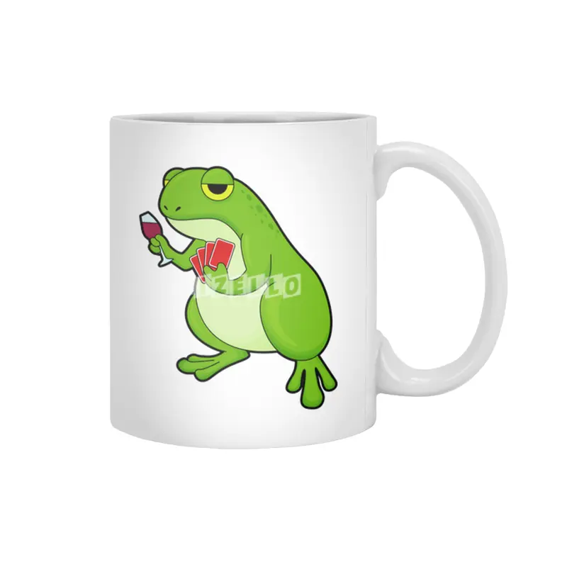 Frog at Poker with Poker cards & Glass of Red wine Beyaz Kupa