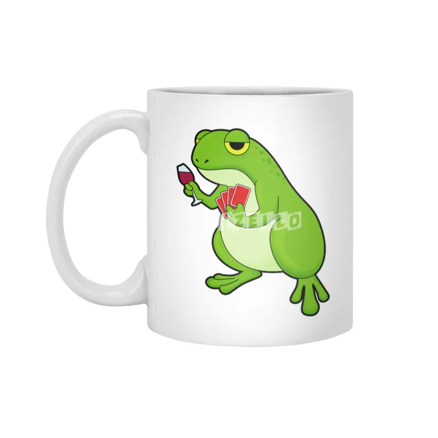 Frog at Poker with Poker cards & Glass of Red wine Beyaz Kupa