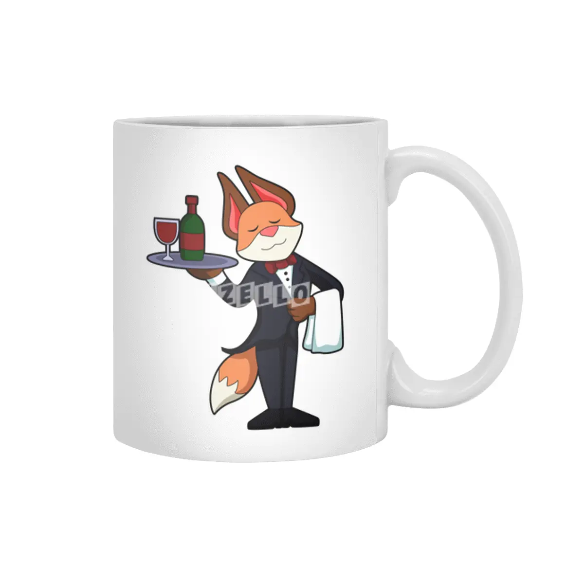 Fox as Waiter with Platter and Red wine Beyaz Kupa