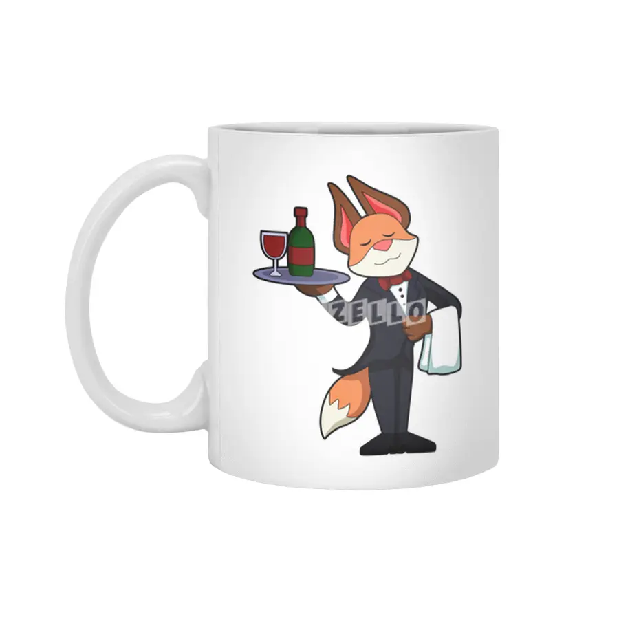 Fox as Waiter with Platter and Red wine Beyaz Kupa