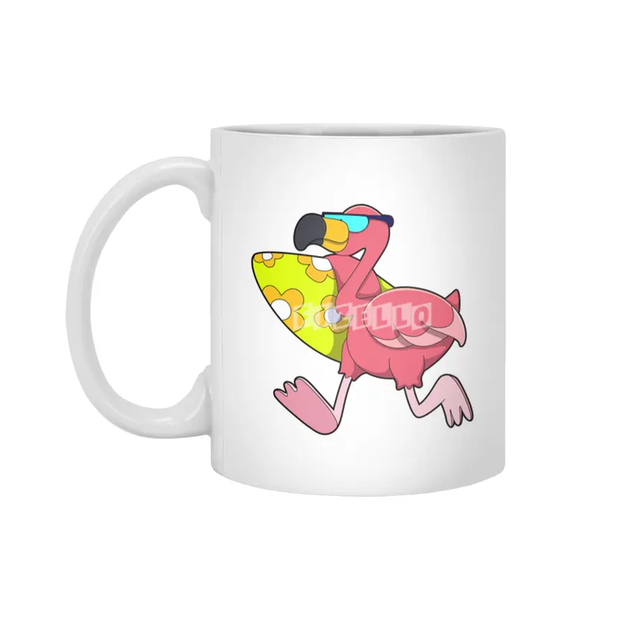 Flamingo as Surfer with Surfboard & Sunglasses Beyaz Kupa