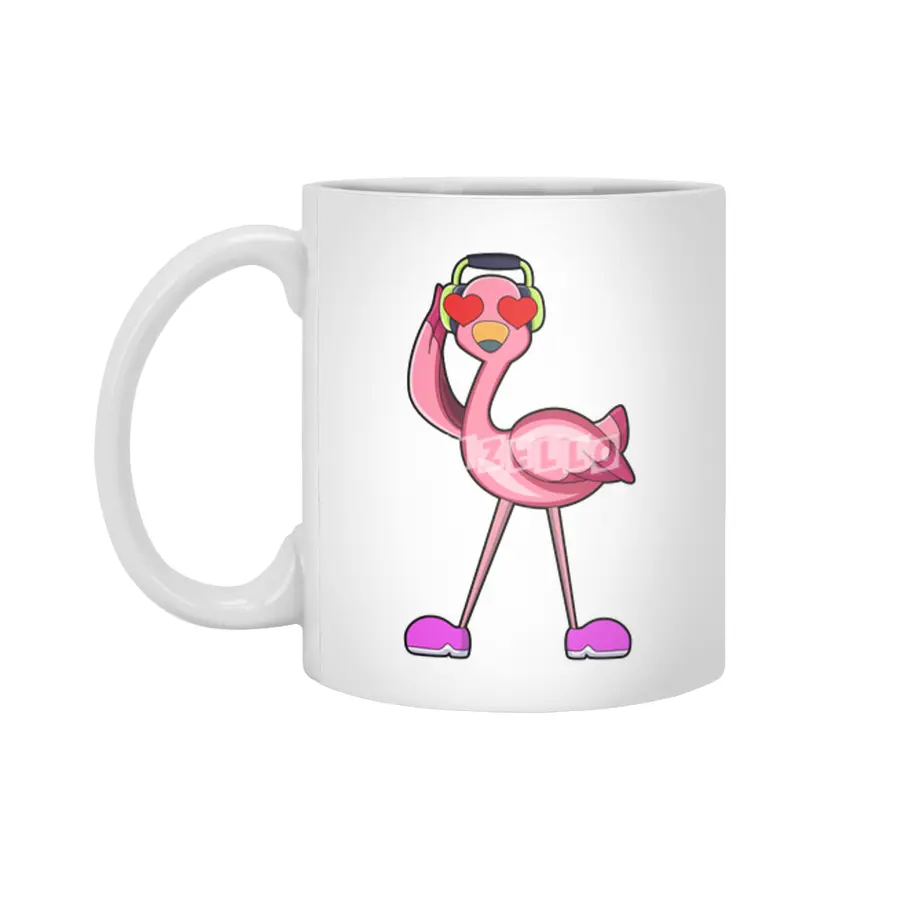 Flamingo with Headphone & Hearts Beyaz Kupa