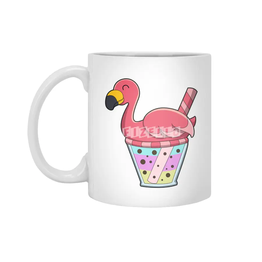 Flamingo with Mug of Juice & Drinking straw Beyaz Kupa