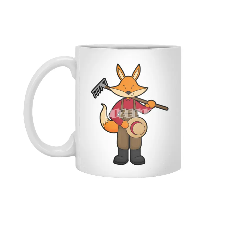 Fox as Farmer with Rake & Hat Beyaz Kupa