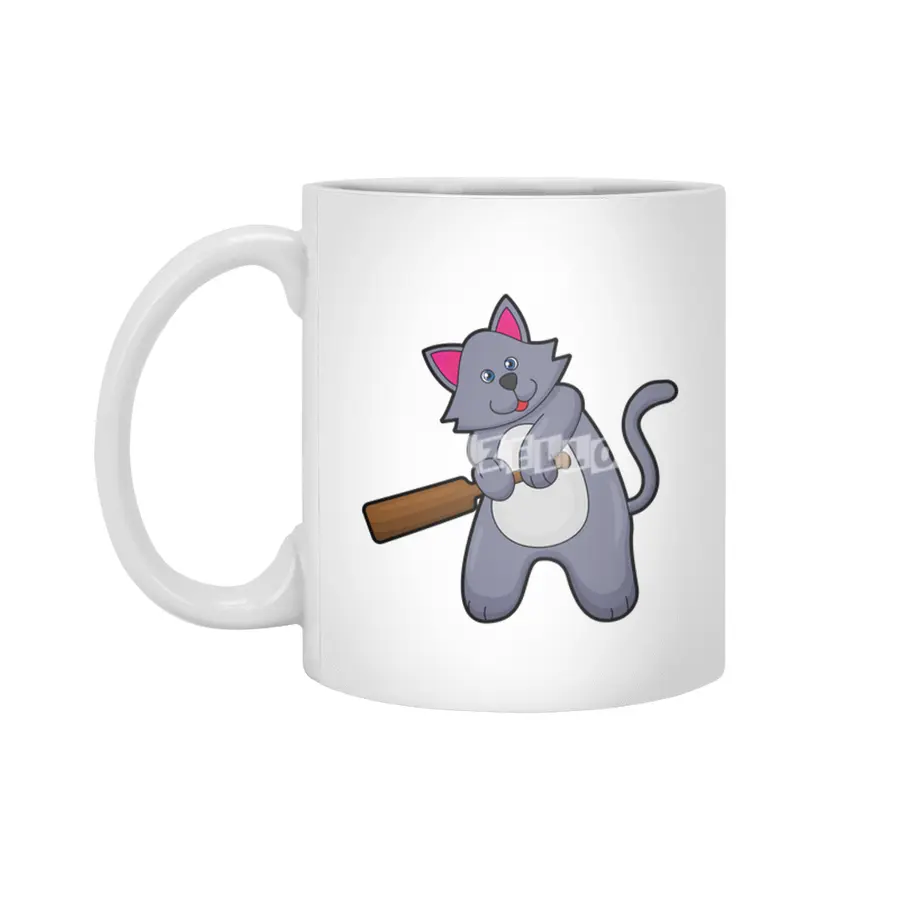 Cat at Cricket with Cricket bat Beyaz Kupa