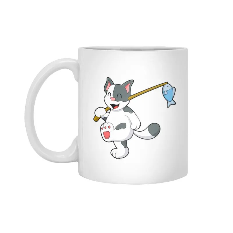 Cat at Fishing with Fishing rod Beyaz Kupa