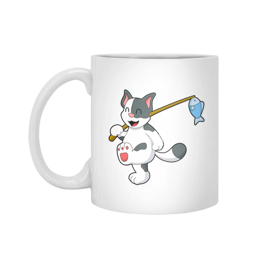 Cat at Fishing with Fishing rod Beyaz Kupa