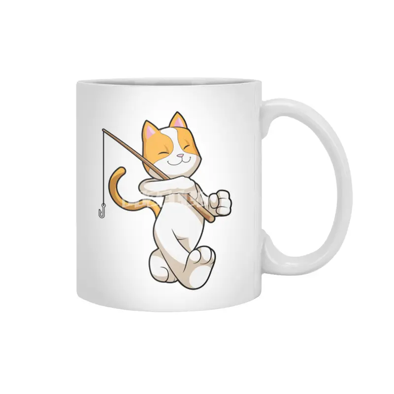 Cat at Fishing with Fishing rod Beyaz Kupa