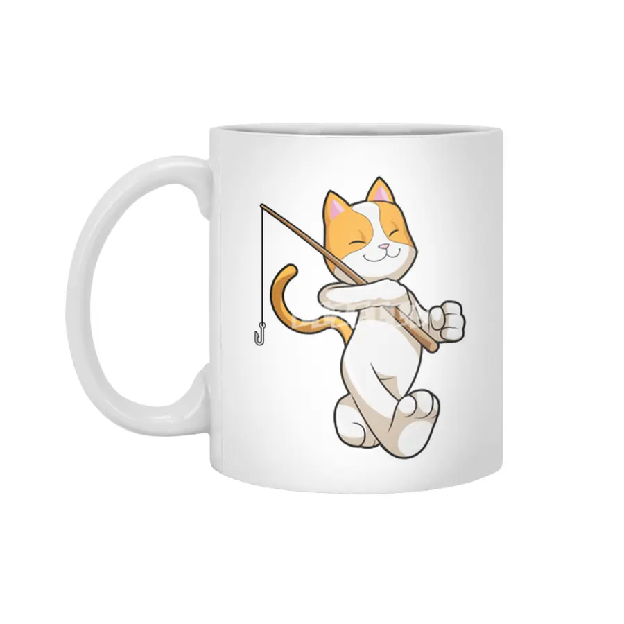 Cat at Fishing with Fishing rod Beyaz Kupa