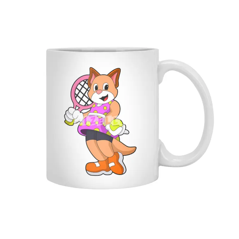 Cat at Tennis with Tennis racket Beyaz Kupa