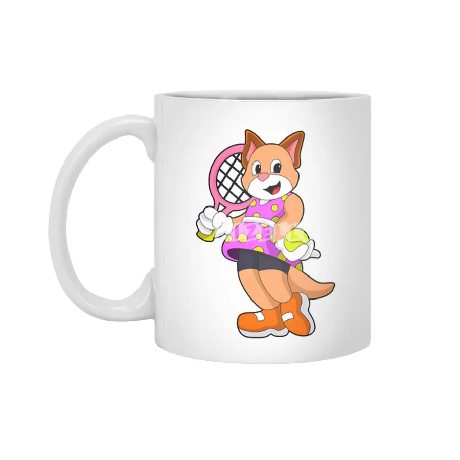 Cat at Tennis with Tennis racket Beyaz Kupa
