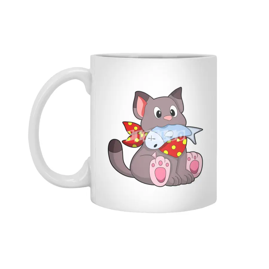 Cat with Ribbon & Fish Beyaz Kupa