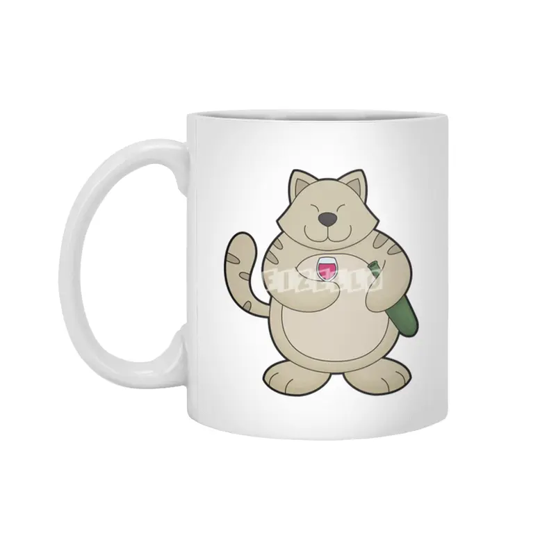 Cat with Wine glass & Wine bottle Beyaz Kupa