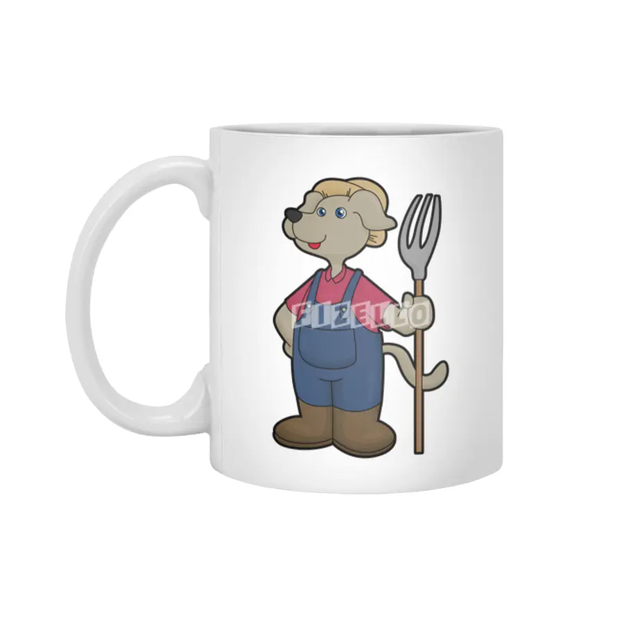 Dog as Farmer with Rake & Hat Beyaz Kupa