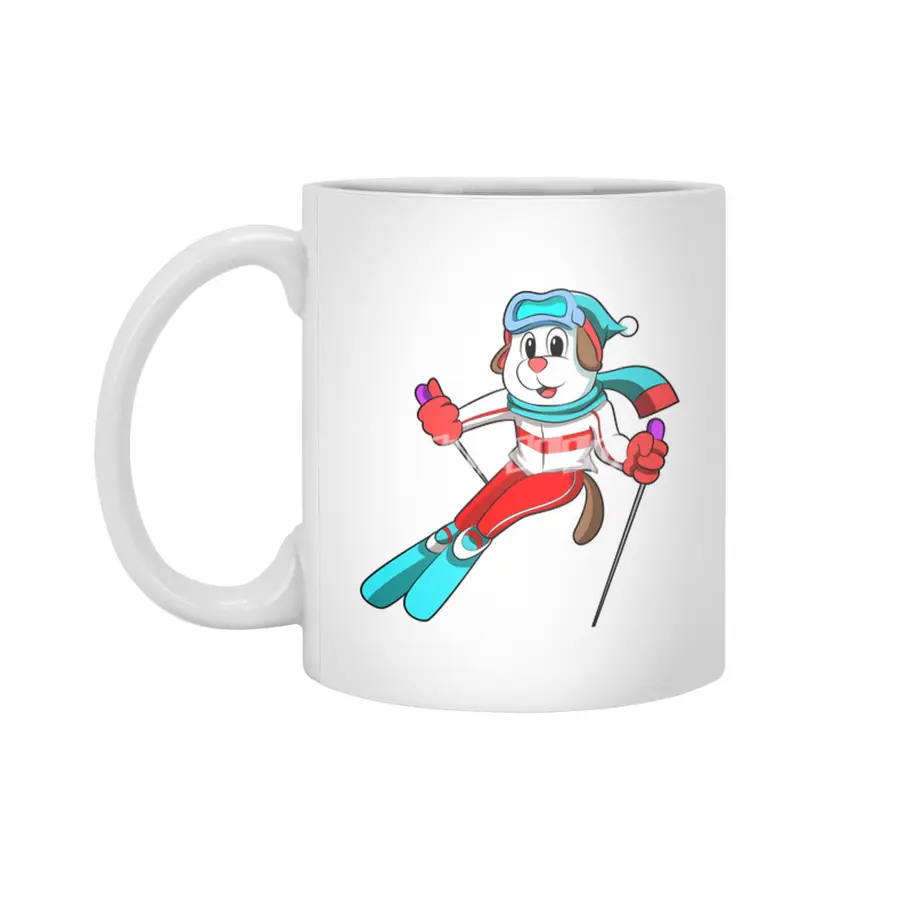 Dog as Skier with Skis Beyaz Kupa